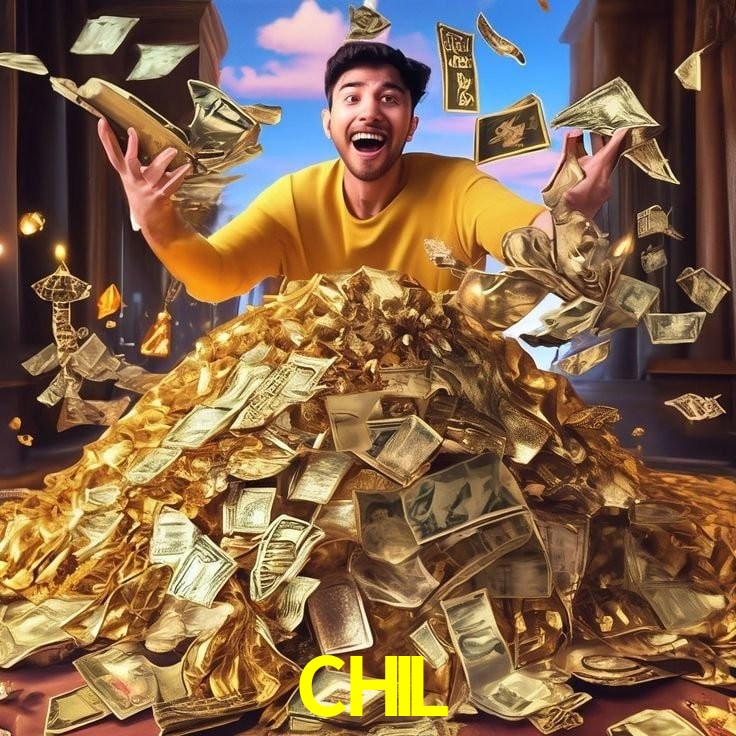 Escena dinámica inspirada en casino con iluminación CHIL, cartas, fichas e íconos de juegos digitales en un espacio moderno de juegos.