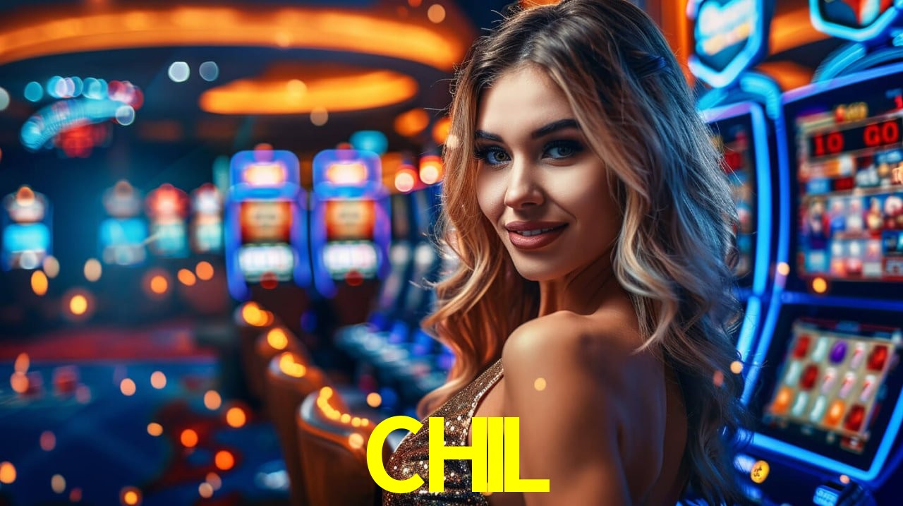 Una escena digital vívida inspirada en casino con CHIL mostrado prominentemente, luces brillantes, fichas, cartas y acentos dorados.